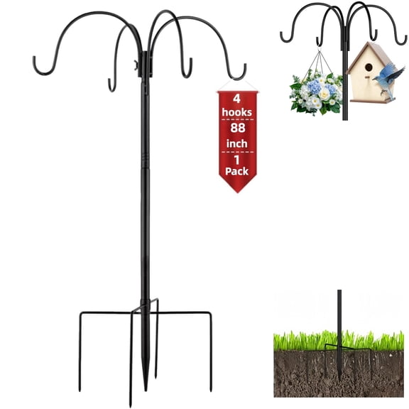 KingFurt 88" Heavy Duty Shepherds Hook with 4 Hooks, 5-Prong Base Adjustable Bird Feeder Pole for Outdoor Garden, Plant Hanger for Solar Lights, Wind Chimes, Flower Baskets, Black
