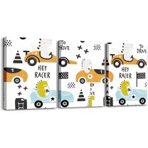 Cartoon Car Kids Canvas Wall Art 3 Piece 12" x 16" Construction Picture Wall Decor Boys Decor Equipment Trucks Office Wall Decorations Artwork Posters Excavator Tractor White Yellow Wall Painting