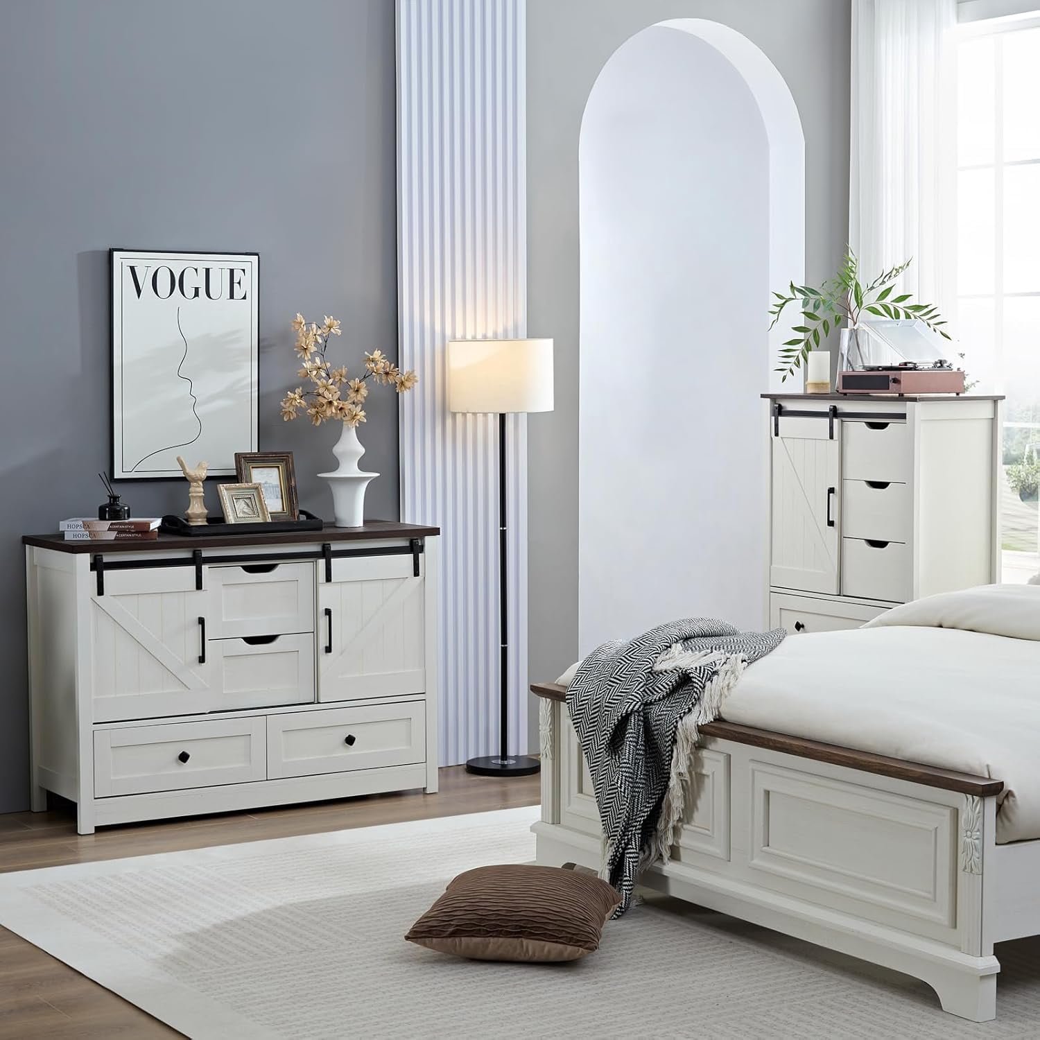 BOSHIRO 4-Drawer Sliding Barn Door Dresser, Antique White with Dark Brown Top, Farmhouse Wide Chest for Bedroom and Living Room