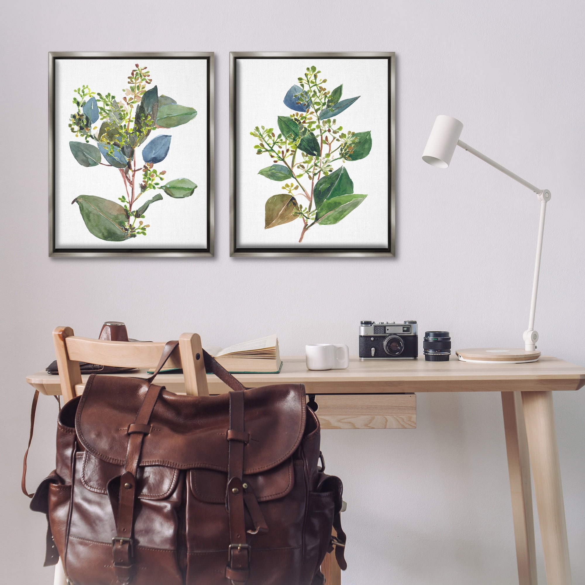 Stupell Industries Soft Eucalyptus Plant Ombre Leaves Botanical & Floral Painting Gray Floater Framed Canvas Art Print Wall Art, 25 x 31, Set of 2