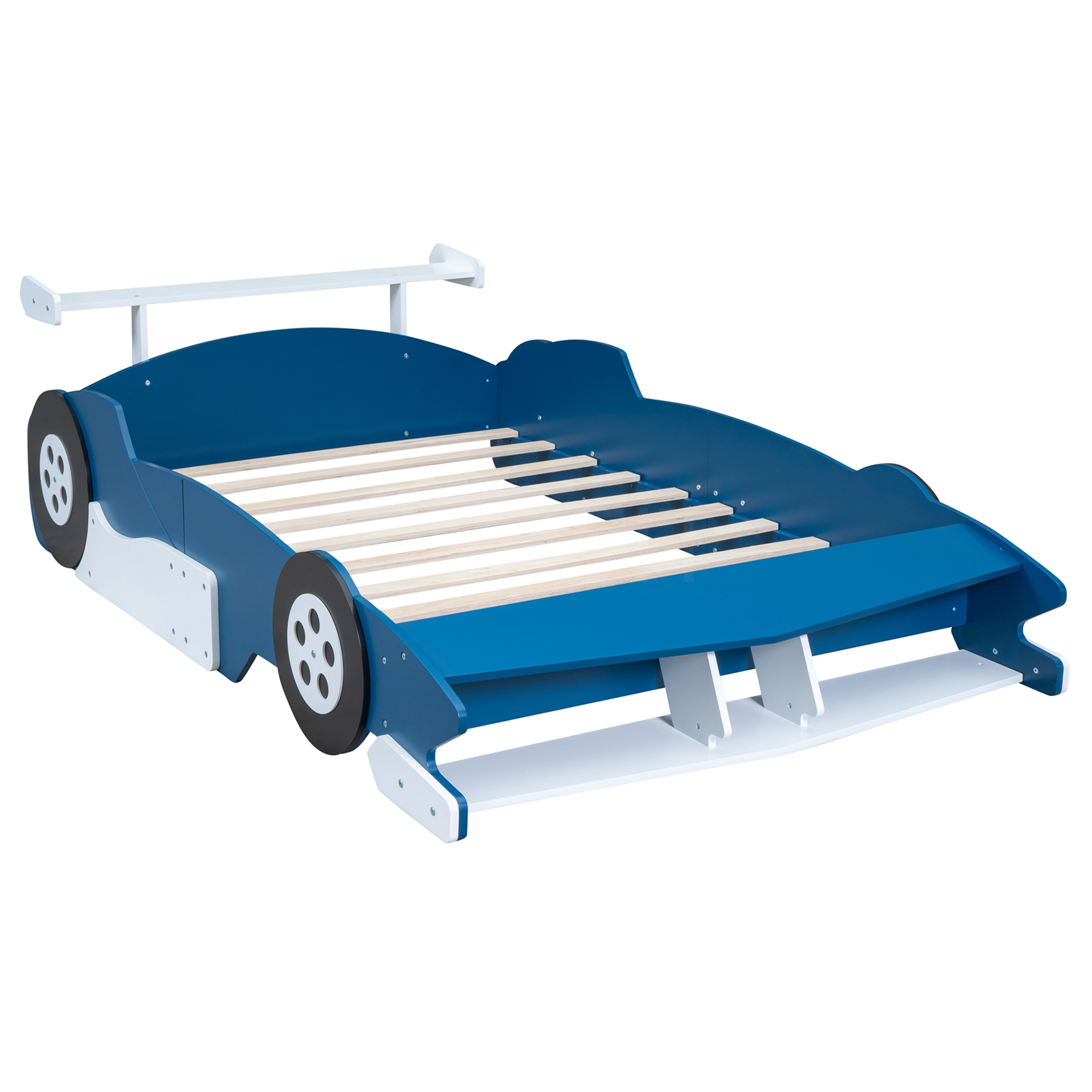 JERFIT Full Size Race Car Platform Bed with Wheels, Blue, Sturdy Plywood Frame for Modern Bedrooms