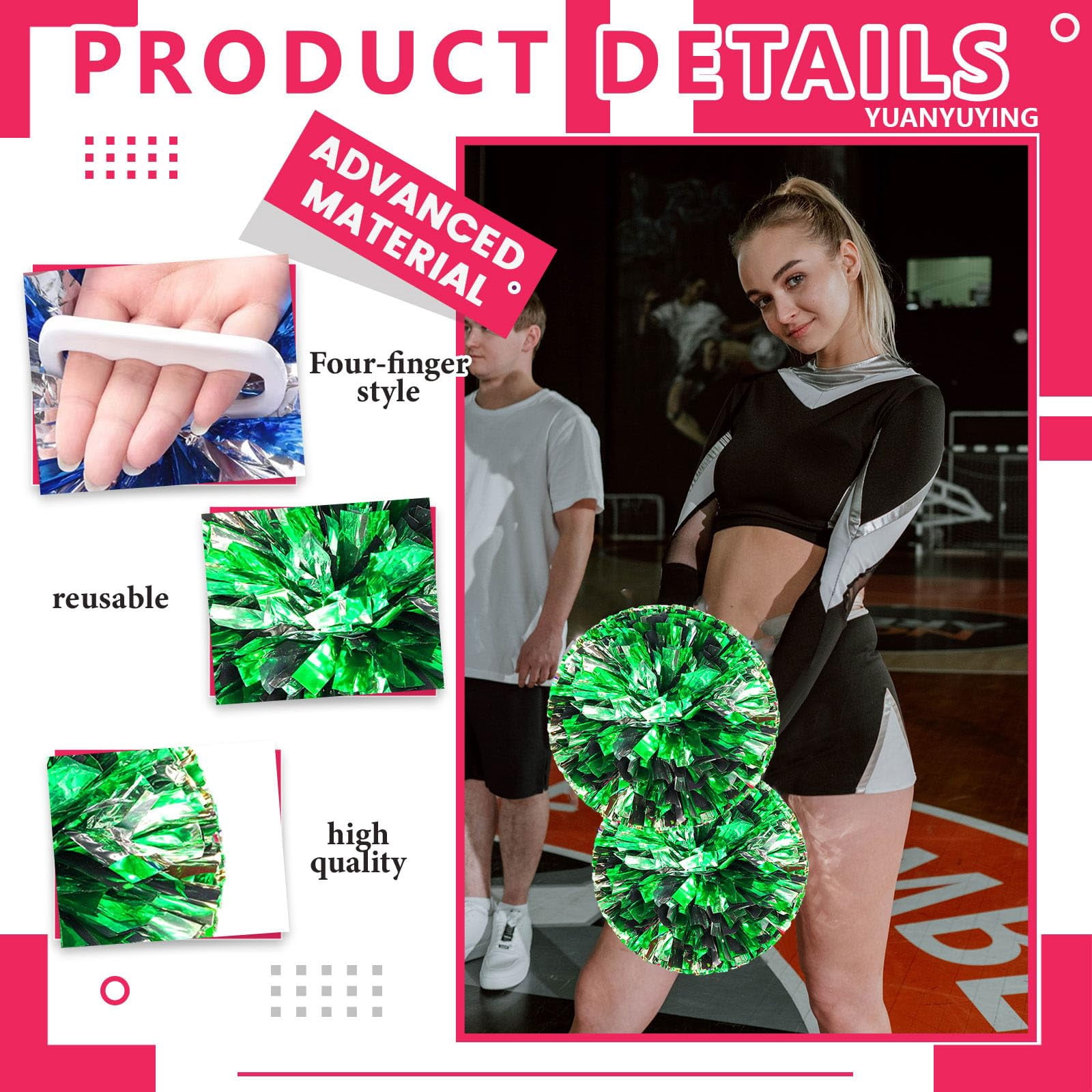 Pom Poms Cheer 18 Pcs with Four Finger Handle, Cheerleading Handheld Squad Pompoms for Sports Team Cheer Spirit Games Dance Party Adults