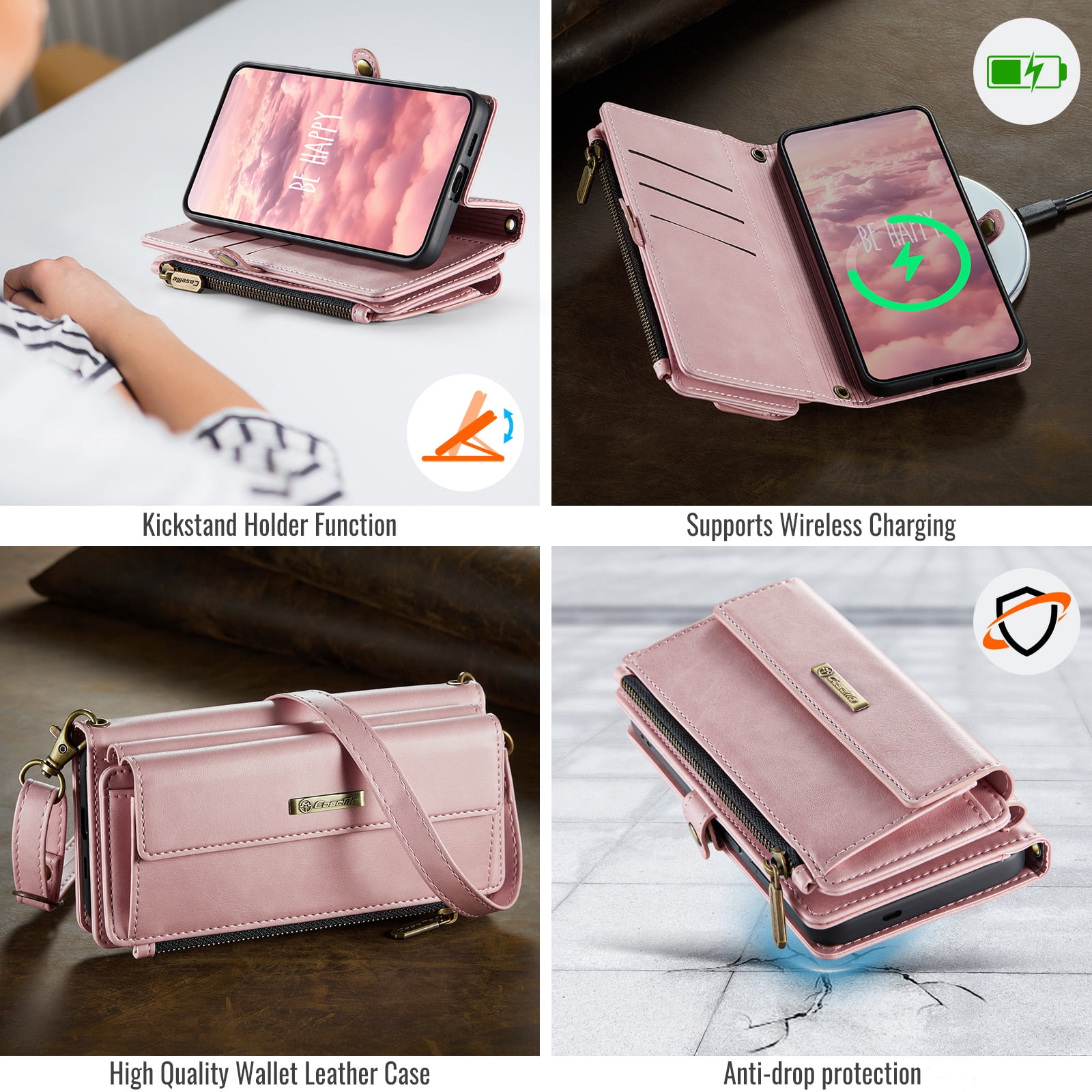 Decase Wallet Case for iPhone 16,Magnetic Flip Zipper Pocket PU Leather Phone Cover,Crossbody Flip Cover with RFID Card Slots,Pink