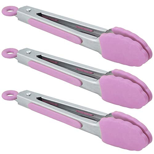 HINMAY Mini Tongs with Silicone Tips 7Inch Serving Tongs, Set of 3 (Pink)