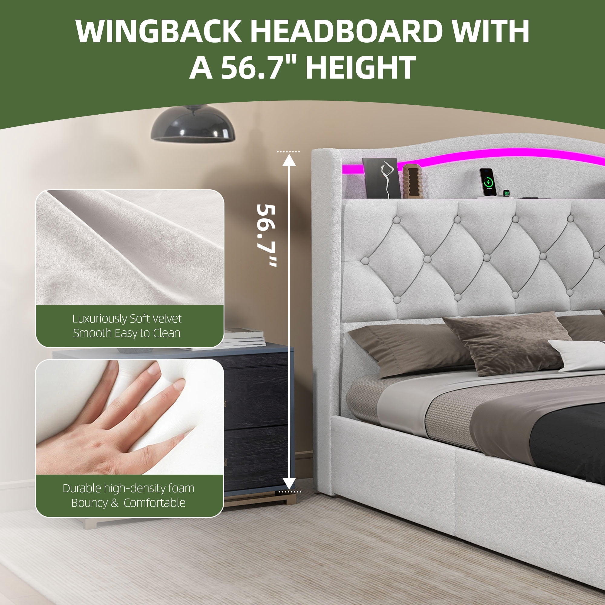 Uforic Queen Size Velvet Upholstered Bed Frame with RGB LED Ambient Light, Built-in Charging Station, No Box Spring Required, White