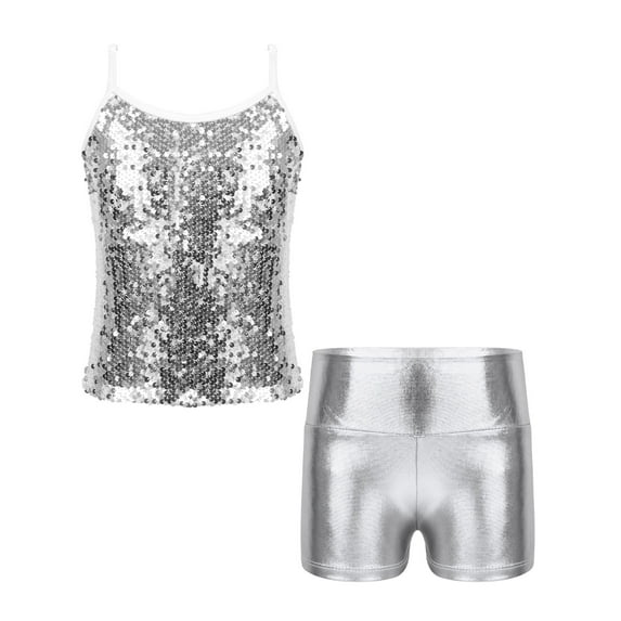 iiniim Kids Girls Jazz Latin Modern Hip Hop Dance Costume Sparkly Tank Top Camisole Vest Shirt with Shorts A Silver 12