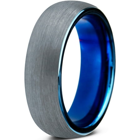 Charming Jewelers Tungsten Wedding Band Ring 6mm for Men Women Comfort Fit Blue Round Domed Brushed Lifetime