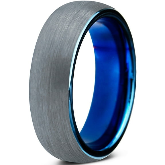 Charming Jewelers Tungsten Wedding Band Ring 6mm for Men Women Comfort Fit Blue Round Domed Brushed Lifetime Guarantee