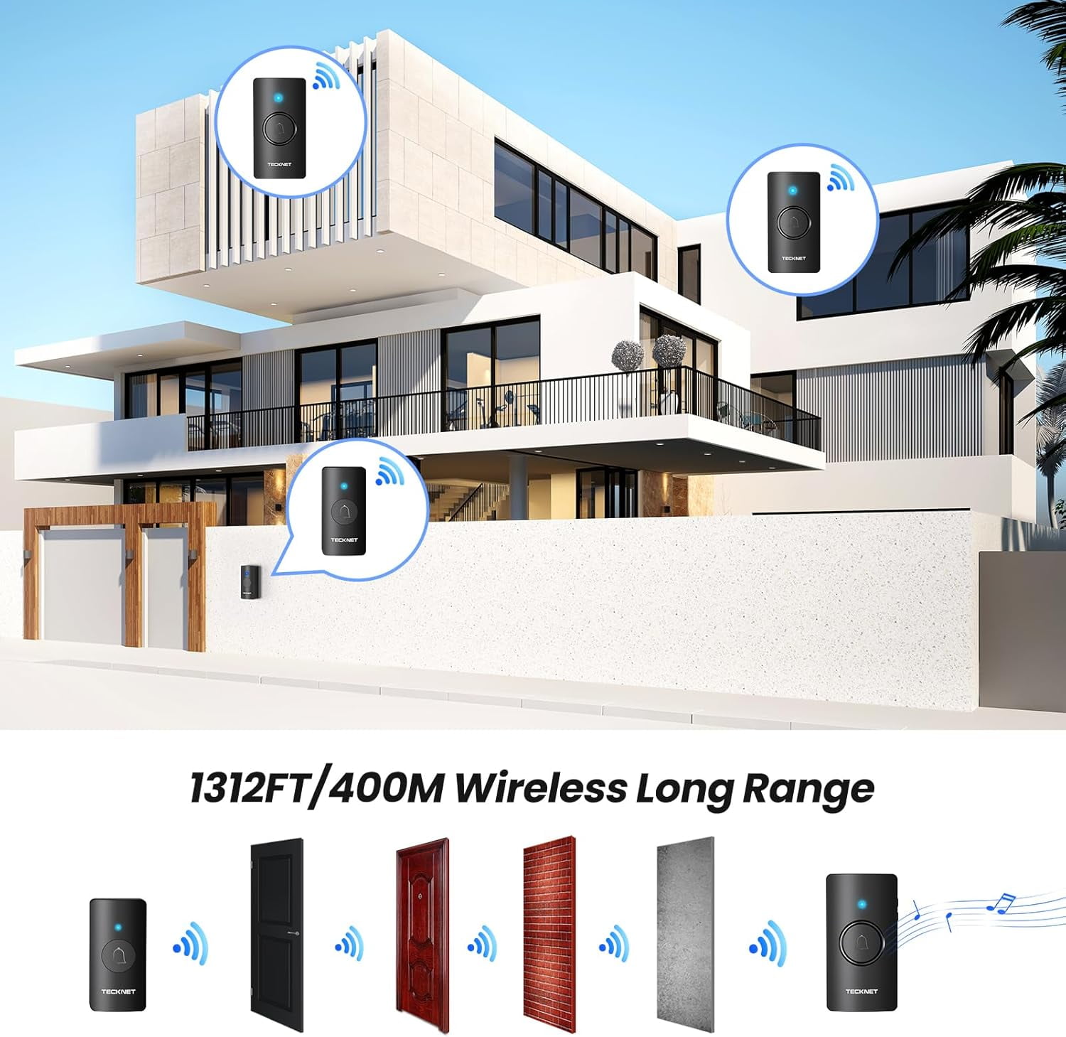 Wireless Doorbell 1312FT, IP67 Waterproof Classroom Battery-Powered Door Bell, 60 Chimes 5-Level Volume, 4.5-year Battery Life, Electric Doorbells No Plug-in Required for Home