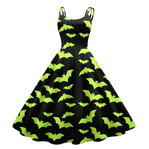 TTUHYWXI Novelty Spaghetti Strap Dress Women Casual Sundress Bat Print Halloween Sexy Party Club Dresses (Green, XL)