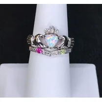 RKC 14k White Gold Plated Claddagh Ring Engagement Ring Set 1.50 Ct Lab Created Opal