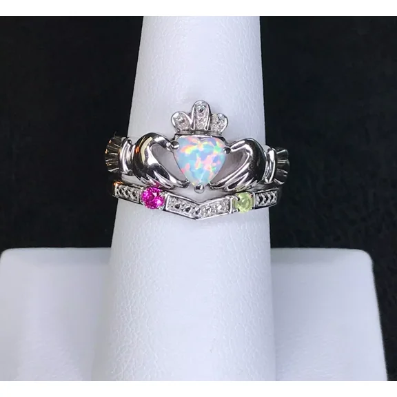 RKC 14k White Gold Plated Claddagh Ring Engagement Ring Set 1.50 Ct Lab Created Opal