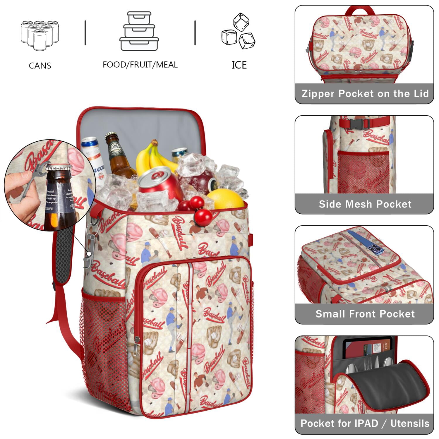 Travel Cooler Bag - Beige Baseball Elements Pattern Camping Beer Cooler Backpack with Bottle Opener- Waterproof Insulated Picnic Backpacks - Cooler Bag for Beach