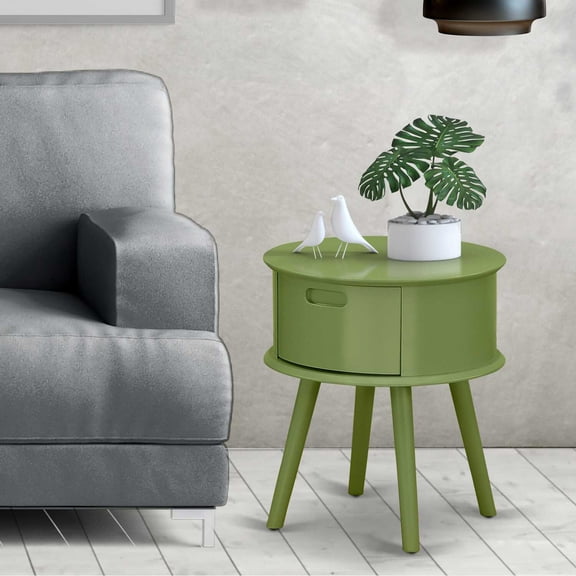 Gordon Round Night Stand End Table With Drawer in Clover Green Finish