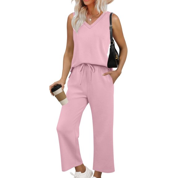 gbyLJF Womens Two Piece Sets Summer Travel Vacation Solid Color Sleeveless V-neck Outfits Casual Women Clothing