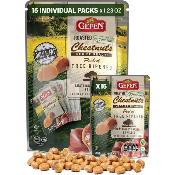 Gefen Organic Whole Roasted & Peeled Chestnuts, 1.23oz 15 Pack Perfect Grab n' Go Snack  Keto Freindly  Certified Kosher Including Passover