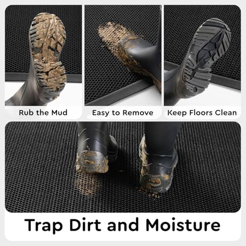 Durable Heavy Duty Non-Slip Rubber Entrance Doormat, 17x29 Inch Dirt Trapper Outdoor Welcome Mat with Stain Resistance for Front Door Entryway, Black