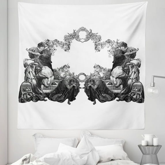 Victorian Tapestry, Frightened People Antique Sketch Art Floral Arch Flowers Leaves Western Culture, Fabric Wall Hanging Decor for Bedroom Living Room Dorm, 5 Sizes, Black White, by Ambesonne