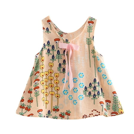 

FRSASU Clearance Toddler Baby Kids Girls Sleeveless Floral Leaf Print Bow Dresses Clothes Pink 130(130)