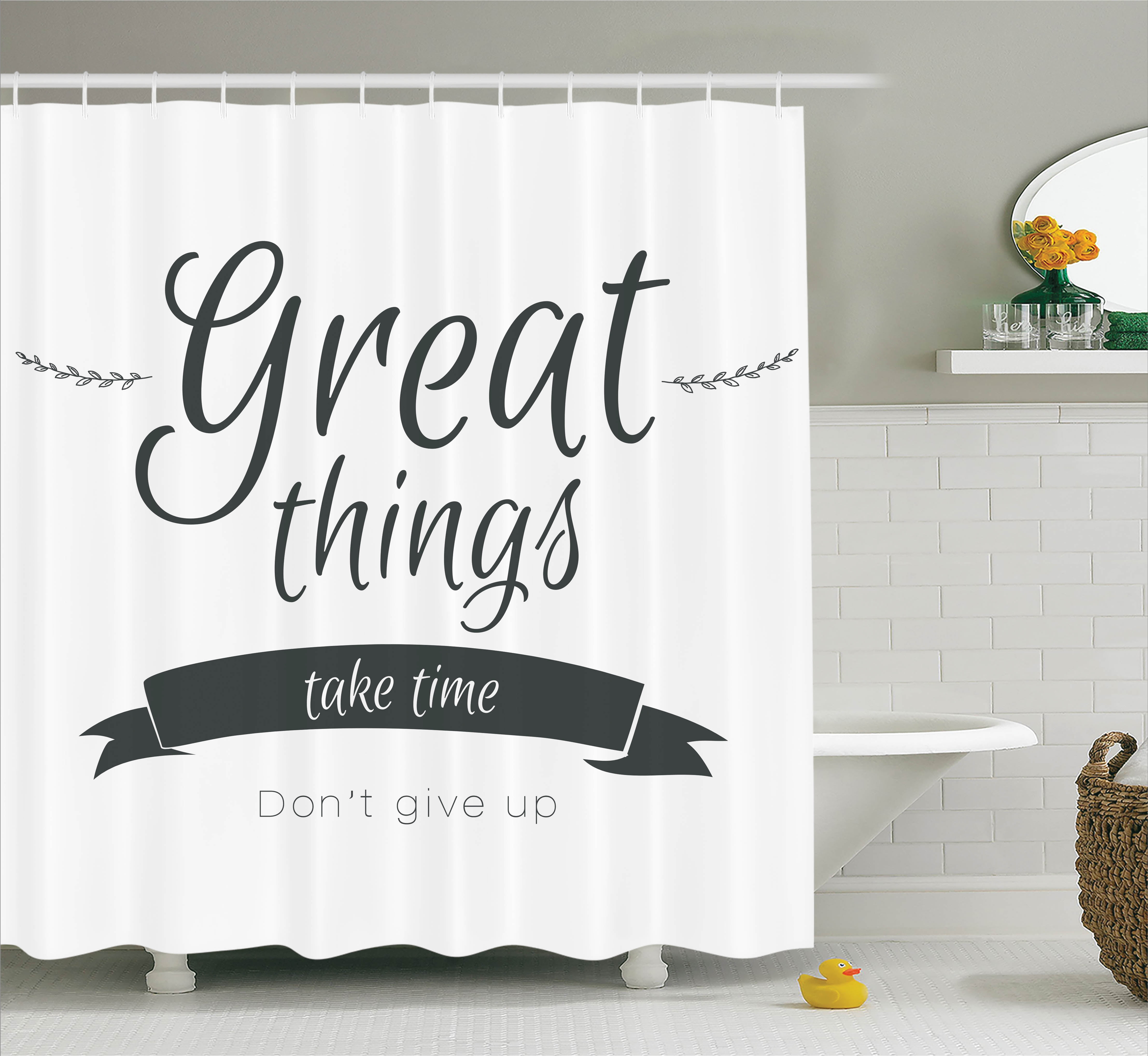 Quotes Decor Shower Curtain Set, Modern Inspirational Lettering "Great Thing Take Time Don'T