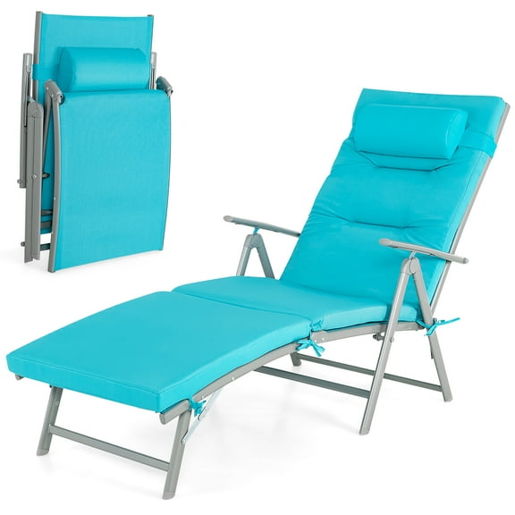 Gymax Folding Chaise Lounge Chair Recliner Cushion Pillow Adjustable Outdoor Turquoise