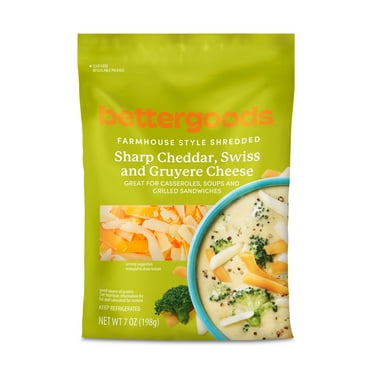bettergoods Farmhouse Style Shredded Sharp Cheddar, Swiss, and Gruyere Cheeses, 7 oz