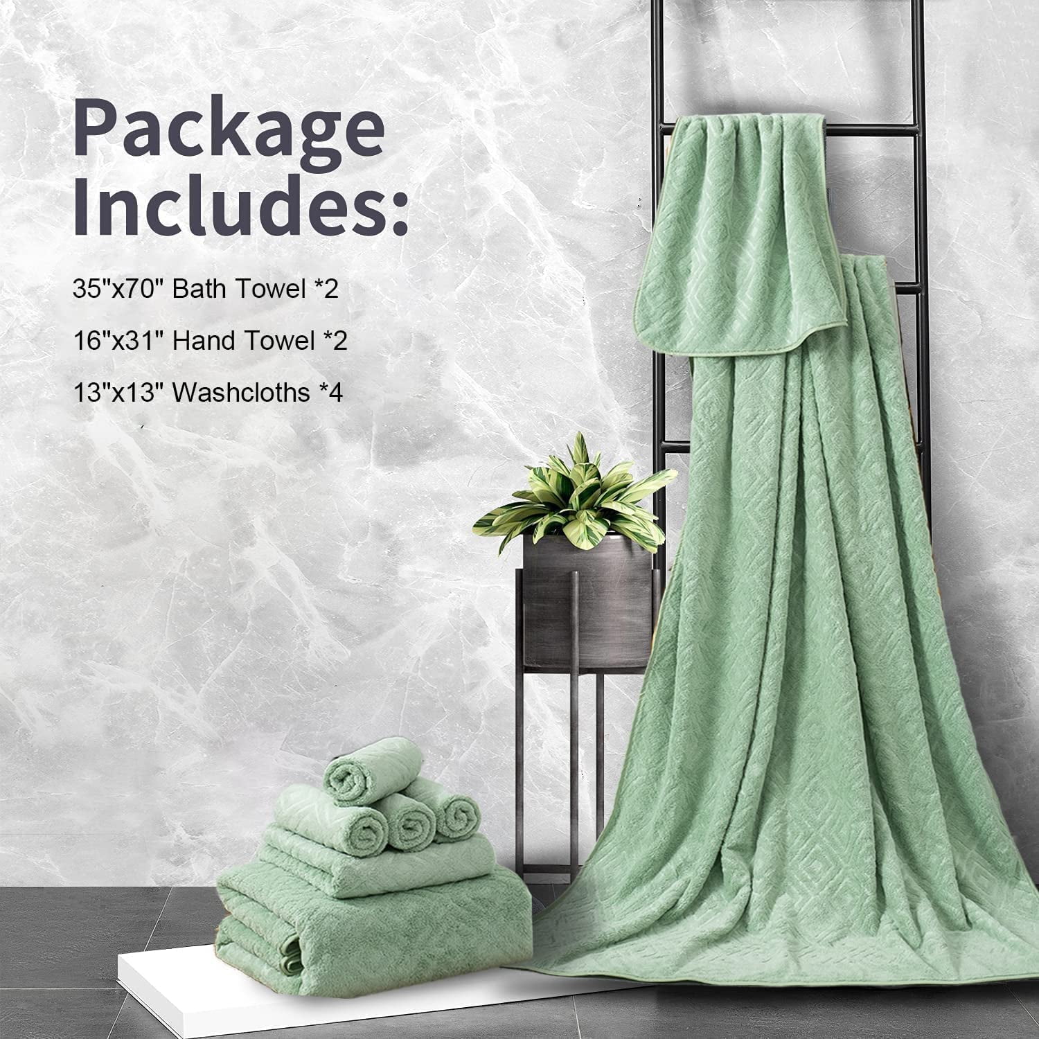 Jessy Home Light Green Bath Towel set of 8, 2 Oversized Bath Towels, 2 Hand Towels, 4 Washcloths-600 GSM Soft Towel Set