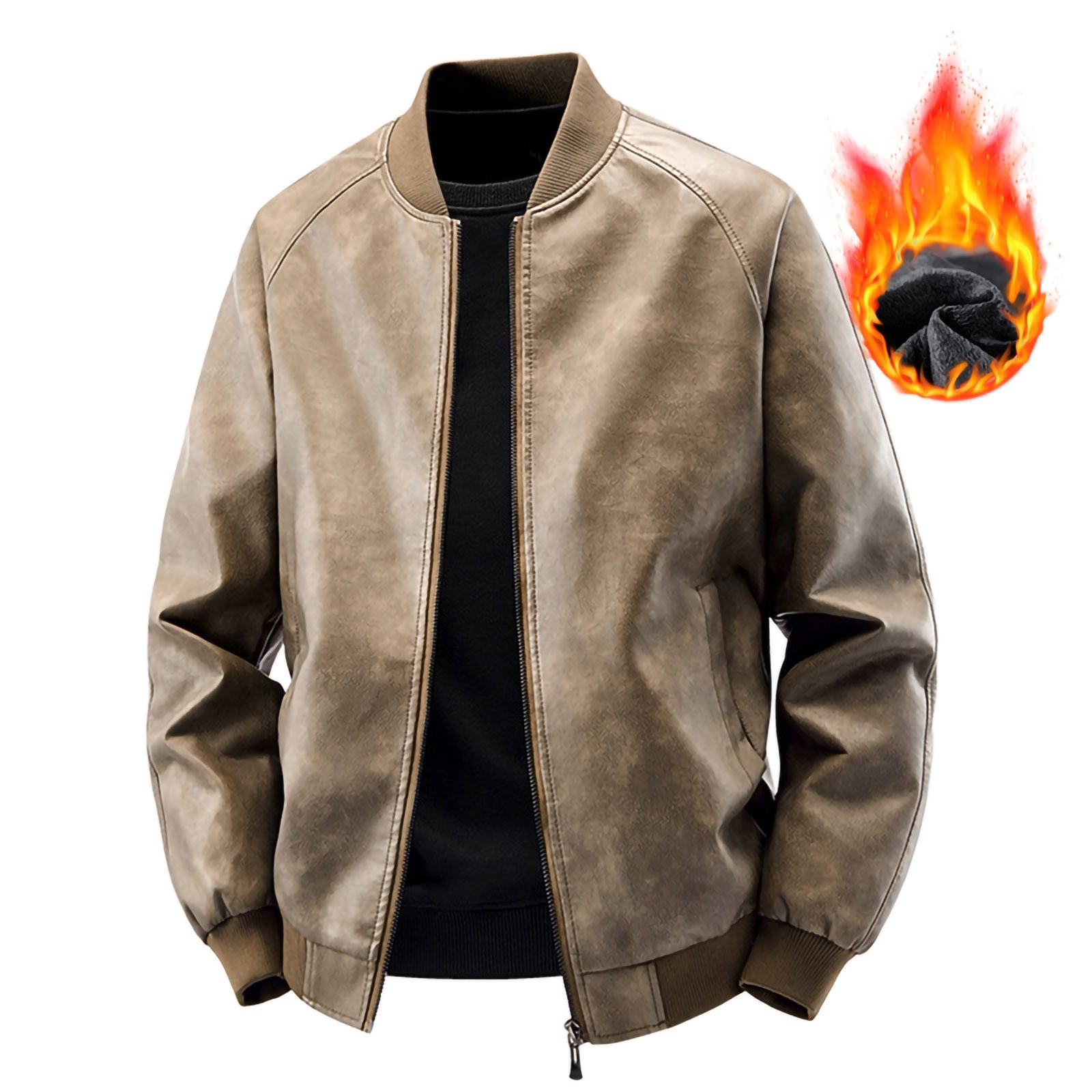 BiZtdJrK Mens Fleece Lined Bomber Jacket Faux Leather Jackets Stylish Casual Zip Up Jacket Warm Winter Coat with Pockets Coffee XXXL