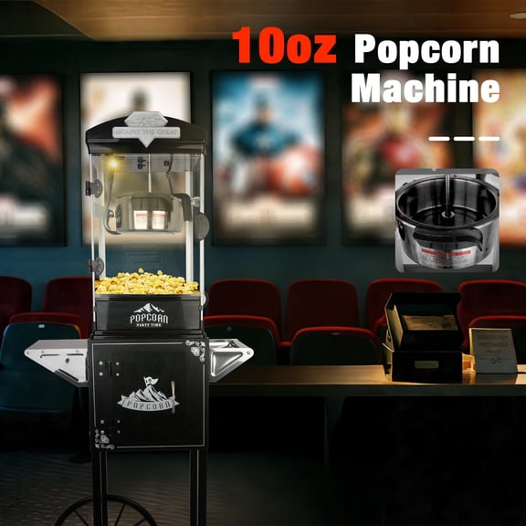 Popcorn Machine with Cart and Wheels, 10 Oz Kettle Popcorn Maker for Home Theater, Stainless Steel Cart with Storage Cabinet, Includes 3 Plastic Spoons, Black