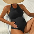 thumbnail image 2 of COMVALUE Maternity Swimsuit One Piece Bathing Suit Button Neck Cross Back (Black, L), 2 of 9