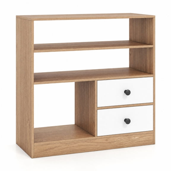 Furnibear Open Accent Cabinet with 2 Drawers 3 Compartments and Countertop Bookshelf Storage for Entryway Living Room and Bedroom, Natural
