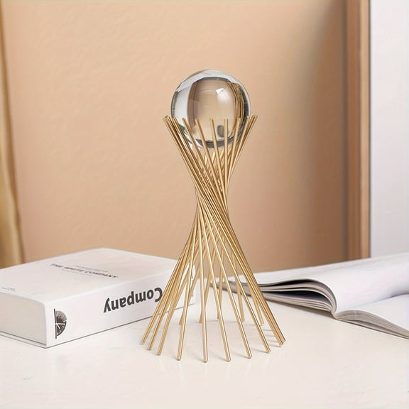 Radiant Clear Crystal Ball Sculpture - Gilded Metal Stand & Durable Alloy Base - Striking Modern Luxury Decor for Home, Office, Photography & Parties