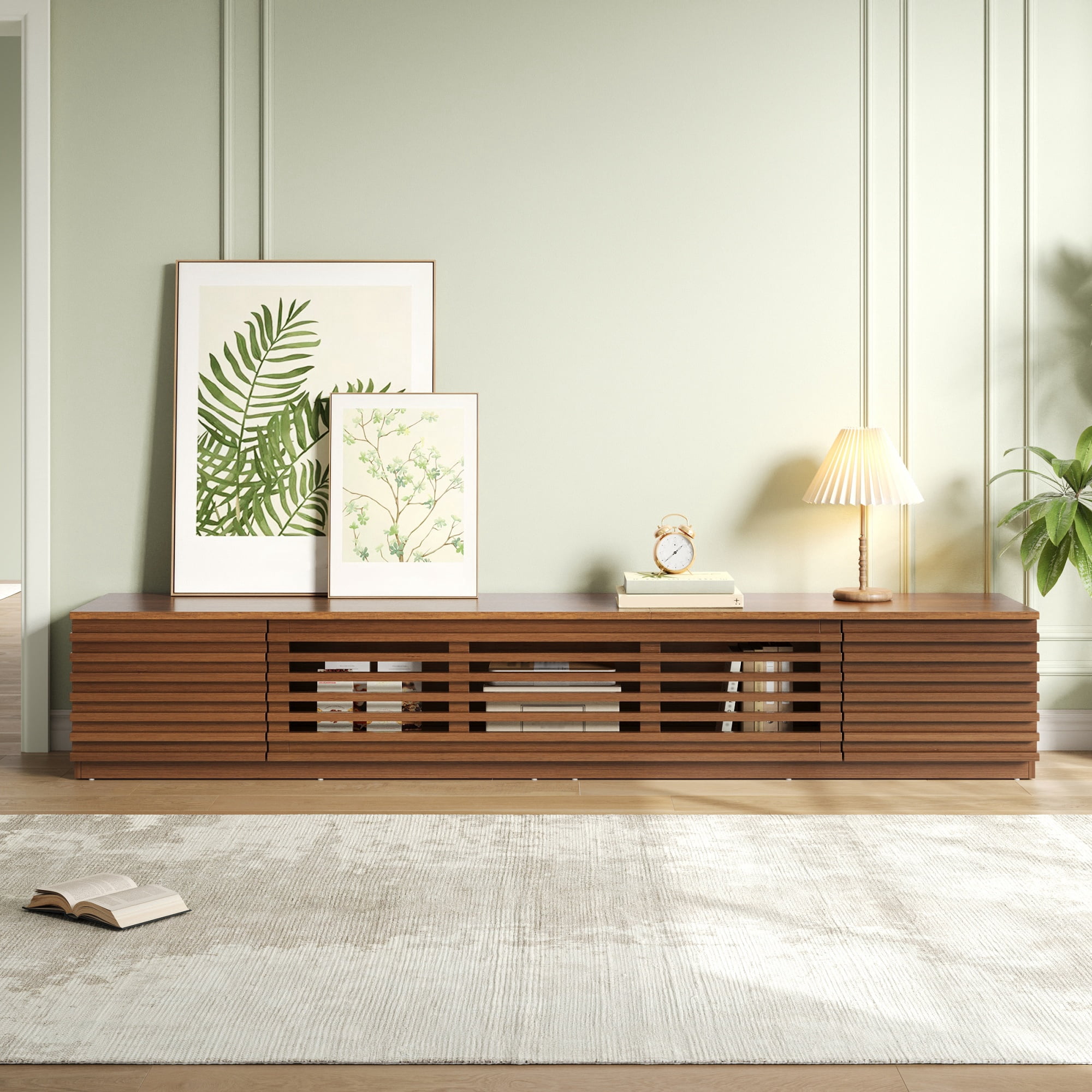 TV Stand for TVs up to 90 Inch, Entertainment Center with Slatted Doors & Cable Management, Media Console with Soft-Close Hinges for Living Room