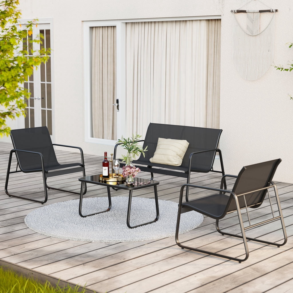 Aiho 4 Pieces Patio Furniture Set,Textilene Modern Conversation Black Set with Tea Table for Home,Lawn,Balcony, Bistro - Black