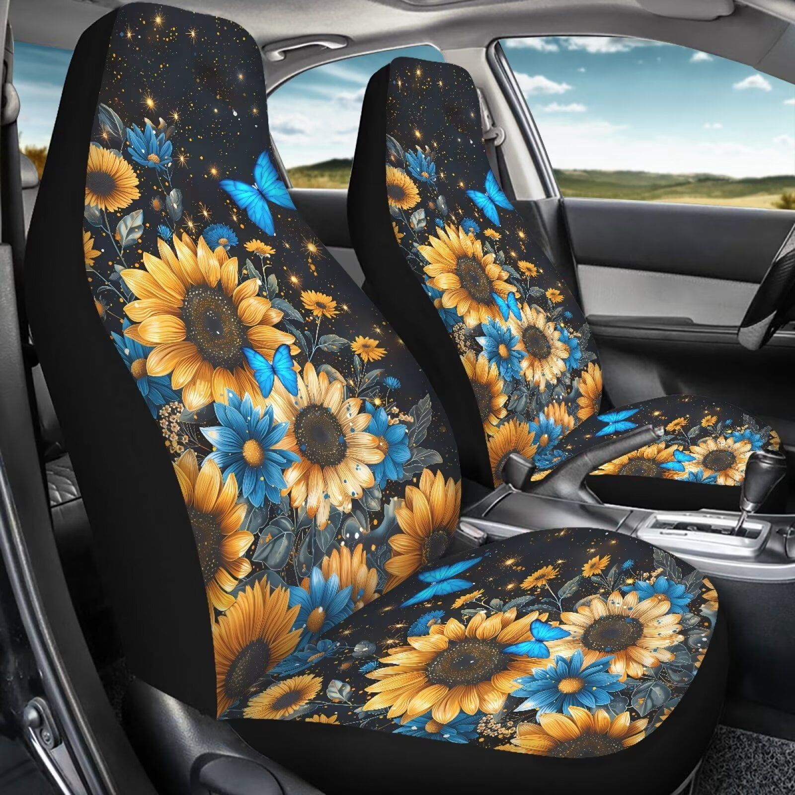 Uorisanigo Car Seat Covers Waterproof Blue Butterfly Sunflower Car Seat Cover for Front Seats Set of 2 Anti-Slip Back Fabric Easy to Install and Clean Universal for Auto Truck Van SUV