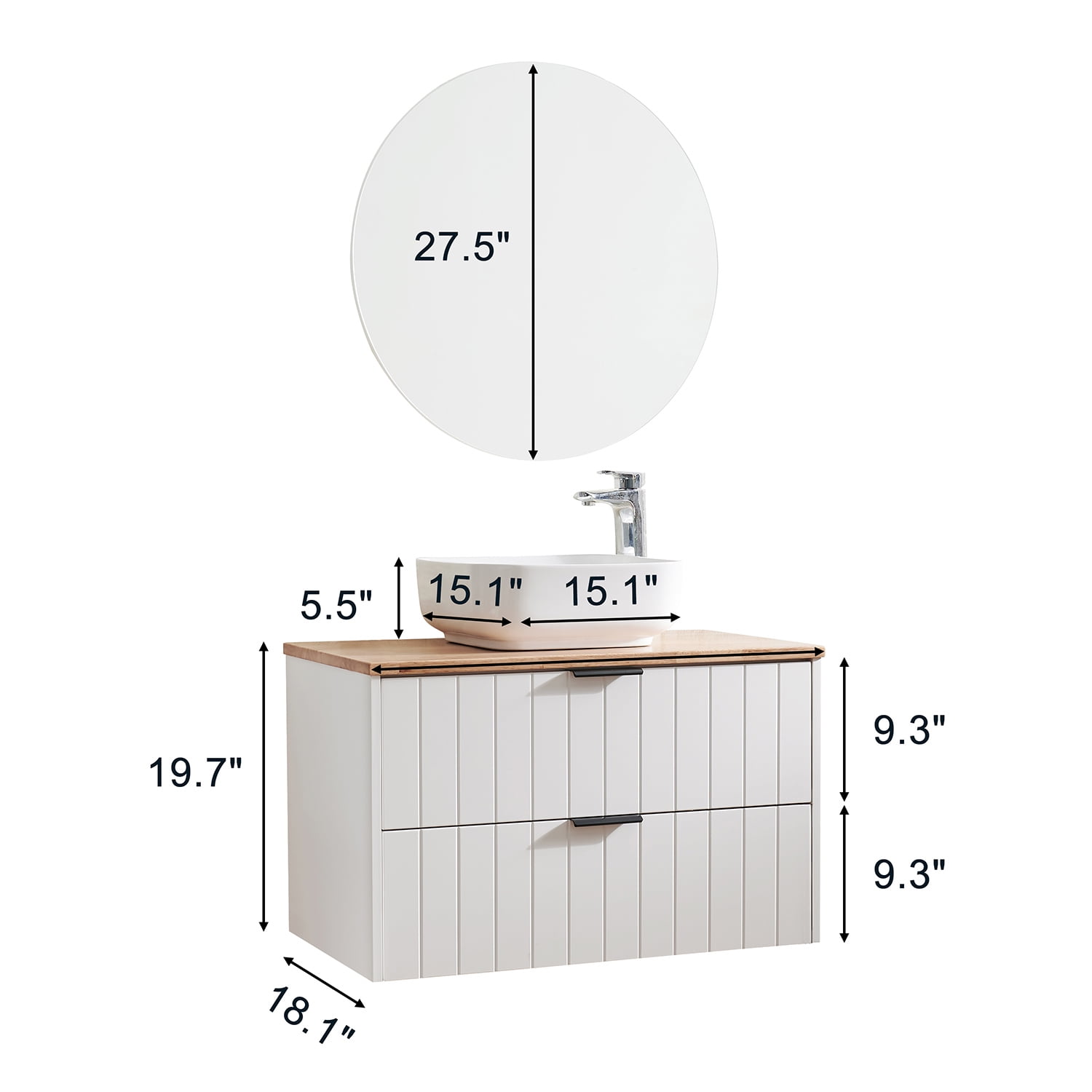 Demi Bonn 31" Double Drawer Wall-Mounted Bathroom Vanity with Solid Wood Natural Top, Square Art Ceramic Sink and Round Mirror, Faucets and Drains Not Included, White