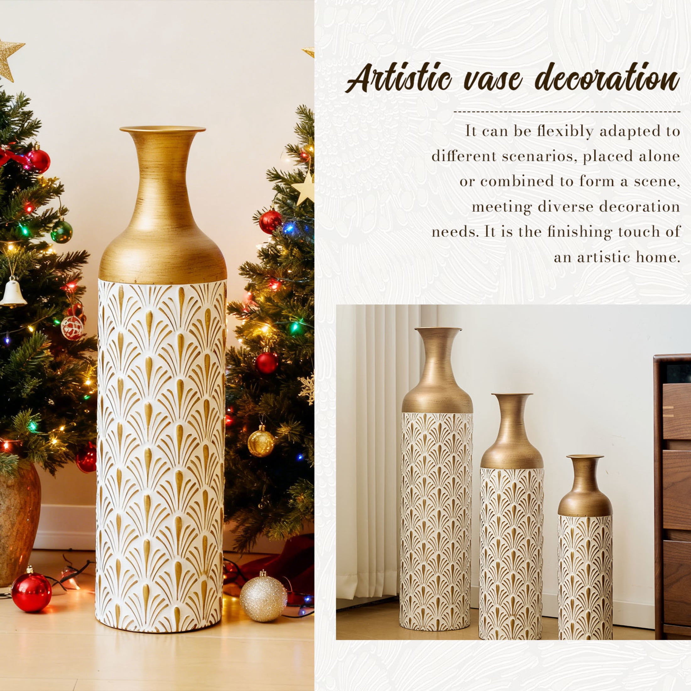 Noble House 3-Piece Metal Floor Vase Set, Decorative Vases with Fan Pattern, Antique Brass + White