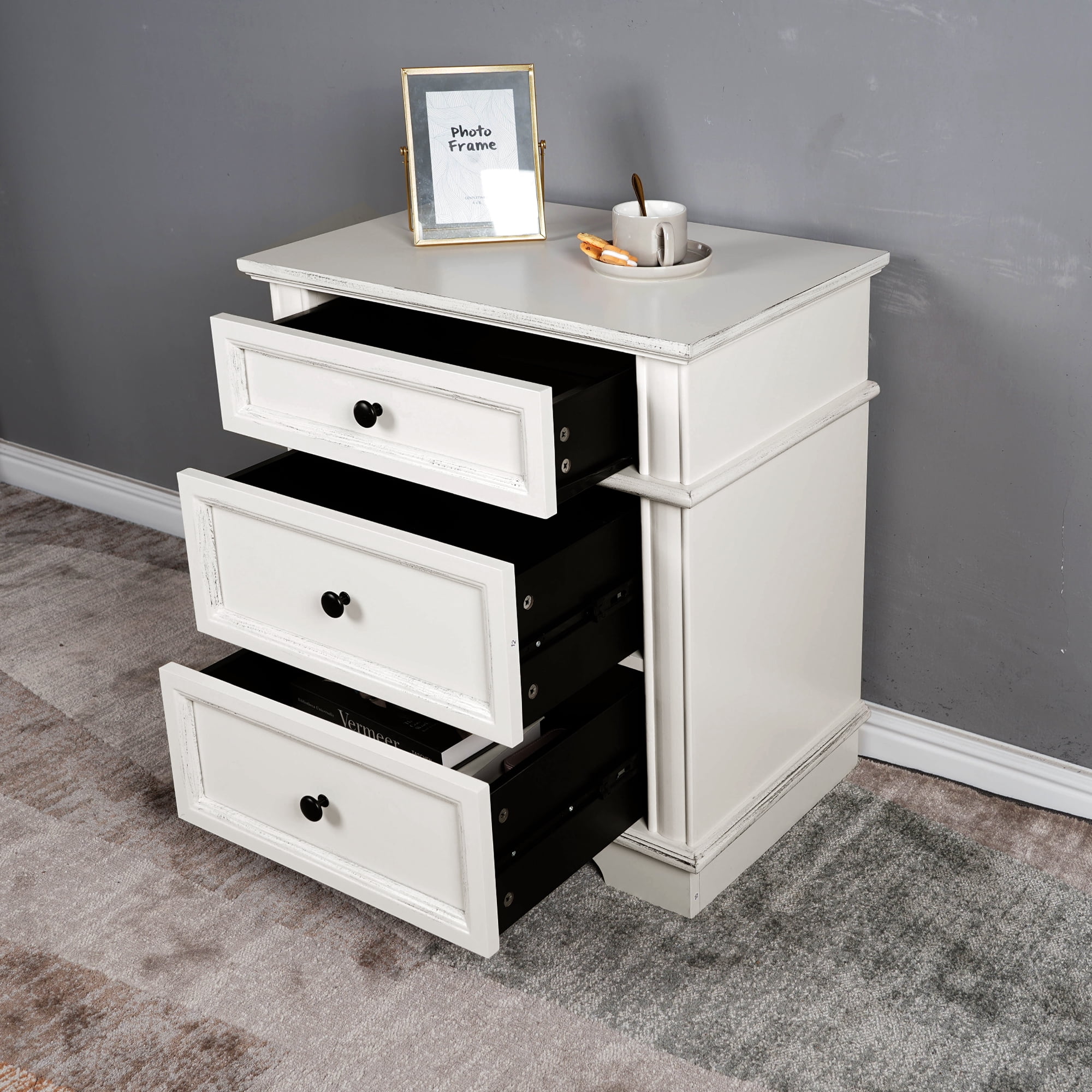 Zimtown Nightstand with Charging Station for Bedroom, Solid Wood End Side Table with 3 Drawer, Antique White