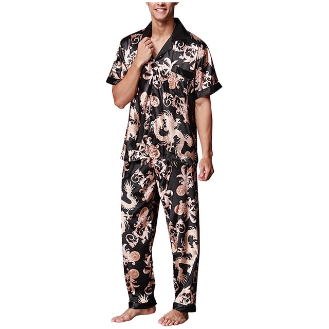 Pyjama de Nuit pour Hommes, Tenue d'Intérieur Décontractée, Hauts à Manches Courtes, Pantalons, Col Rabattu