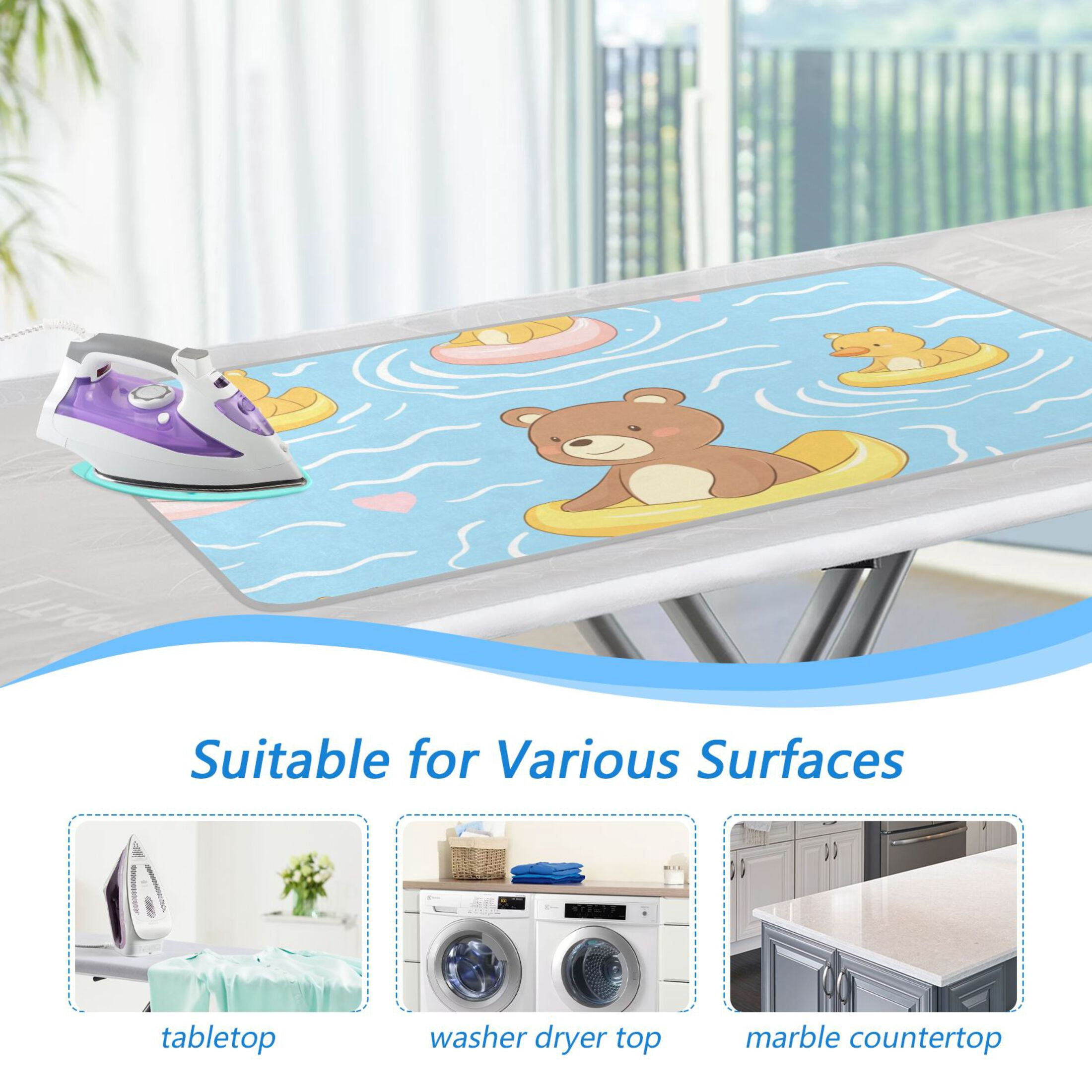 Cute Bear Floating on Rubber Duckies Ironing Mat Blanket Portable Travel Ironing Pad Heat Resistant Pad 47.2" x 27.6”
