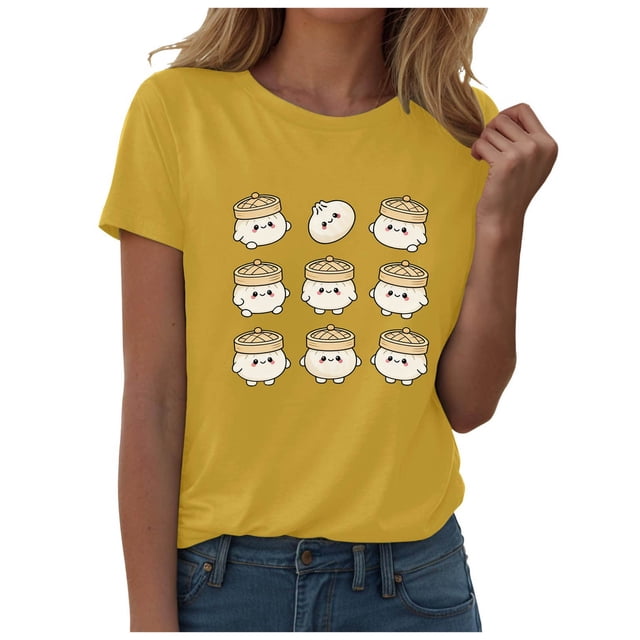 DXOUPM T-Shirts pour Femmes Mignon Imprimé Boulette Col Rond Manches Courtes Hauts d'Été Doux