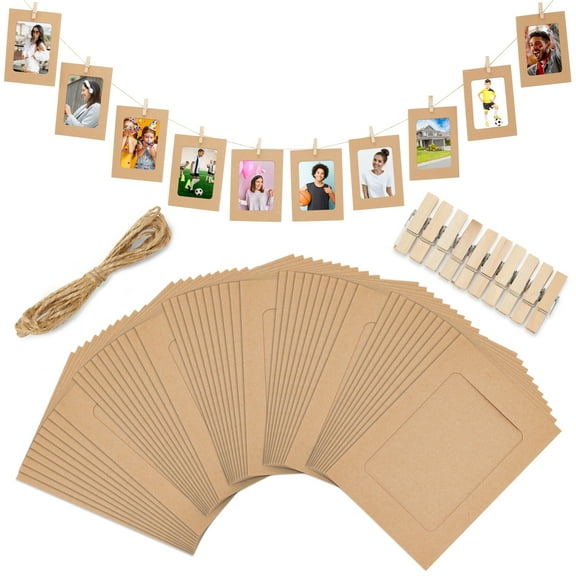 Juvale Paper Photo Frames Hanging Kit - 4x6, Brown, 50 Pack, Rustic Eclectic - Bulk Picture Frames & Photo String with Clips