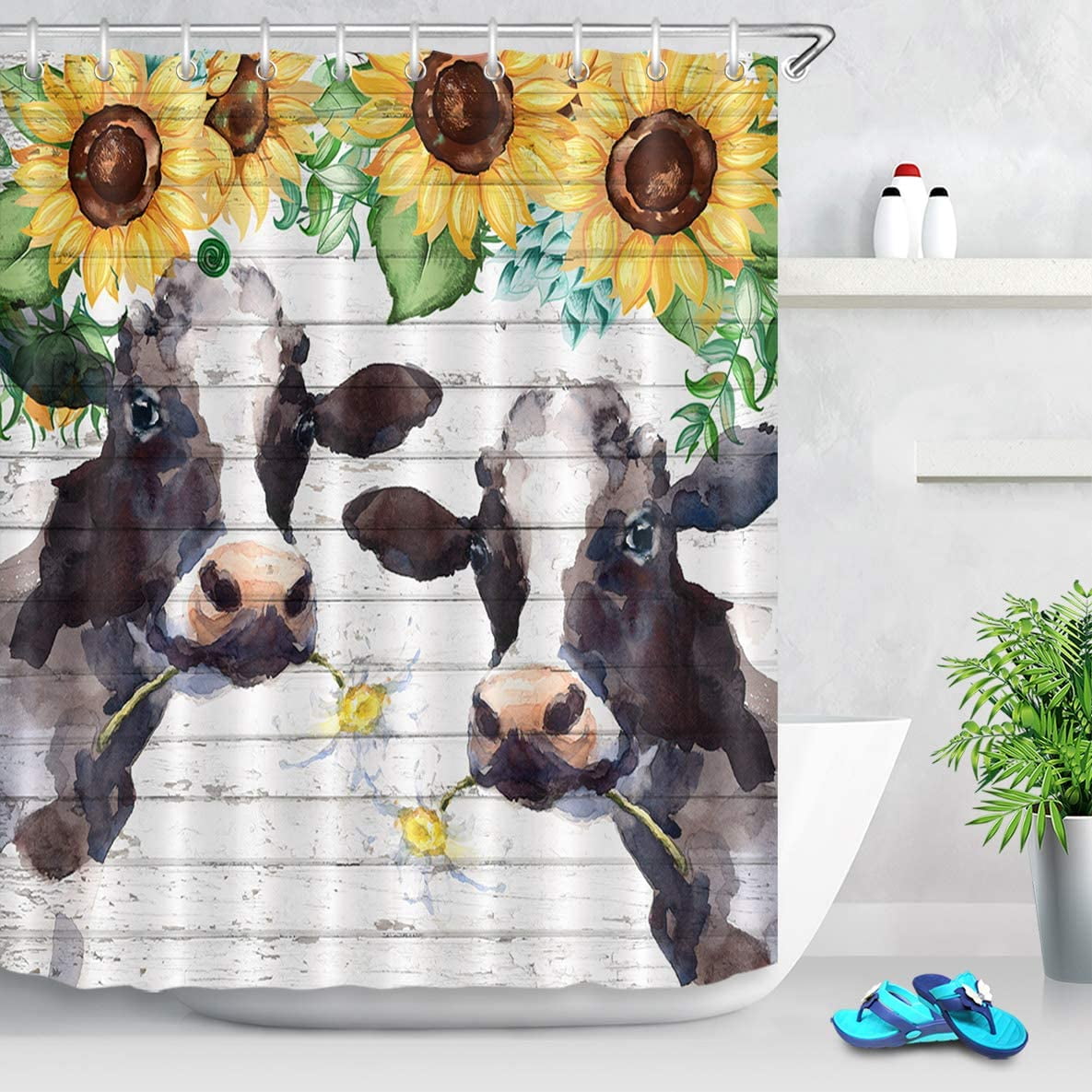 Funny Farm Cow Watercolor Sunflowers Shower Curtain Sets For Bathroom Decor 