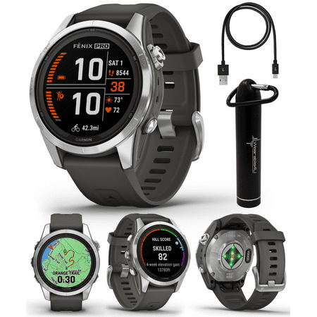 Garmin fenix 7S Pro Solar 42 mm Multisport GPS Smartwatch, Built-in Flashlight, Graphite with Wearable4U Power Bank Bundle