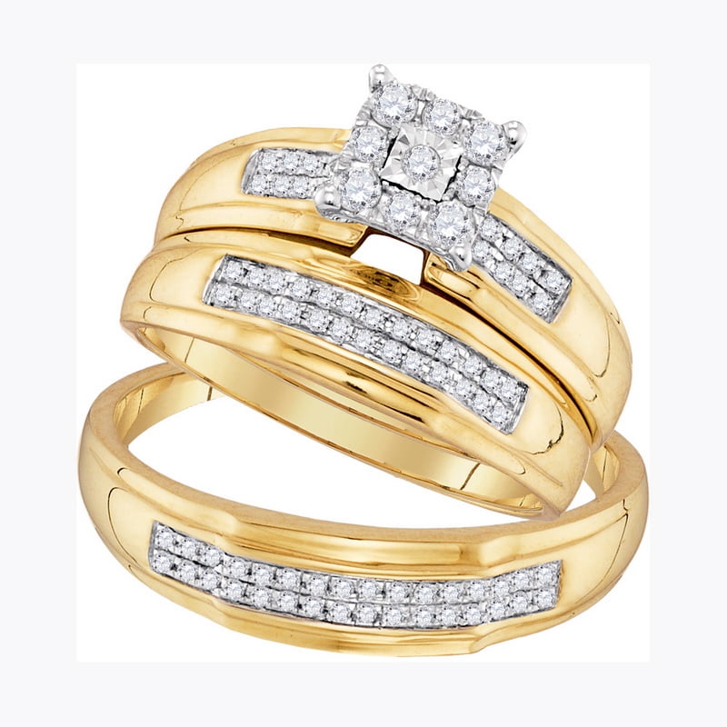 10K Yellow Gold 0.34ctw Shiny Pave Diamond Fashion Center Square Trio Set Ring by Jewelrypot