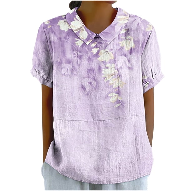 Blusas de Manga Corta para las Mujeres Cuello de Muñeca Lindo Lino Algodón, Impreso Suelto Camiseta para el Uso Casual, Diario Y de Verano