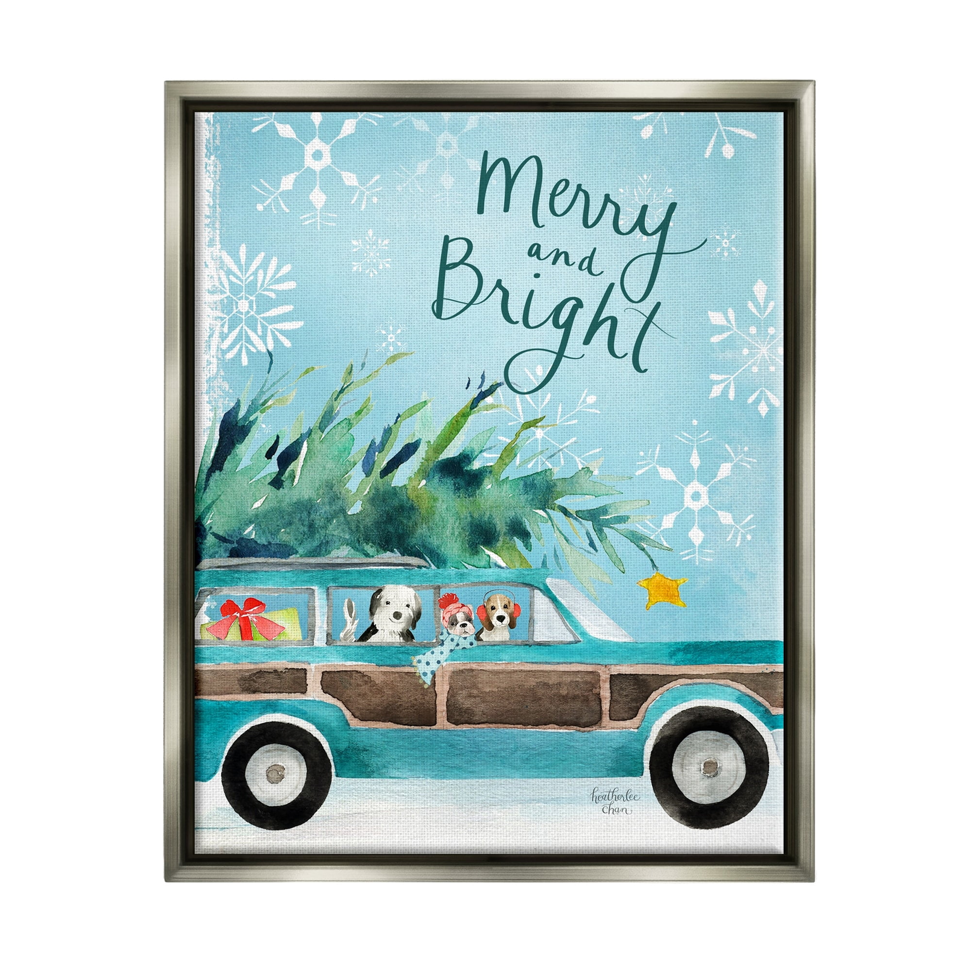 Stupell Industries Merry & Bright Christmas Scene Holiday Puppies Graphic Art Luster Gray Floating Framed Canvas Print Wall Art, Design by Heatherlee Chan
