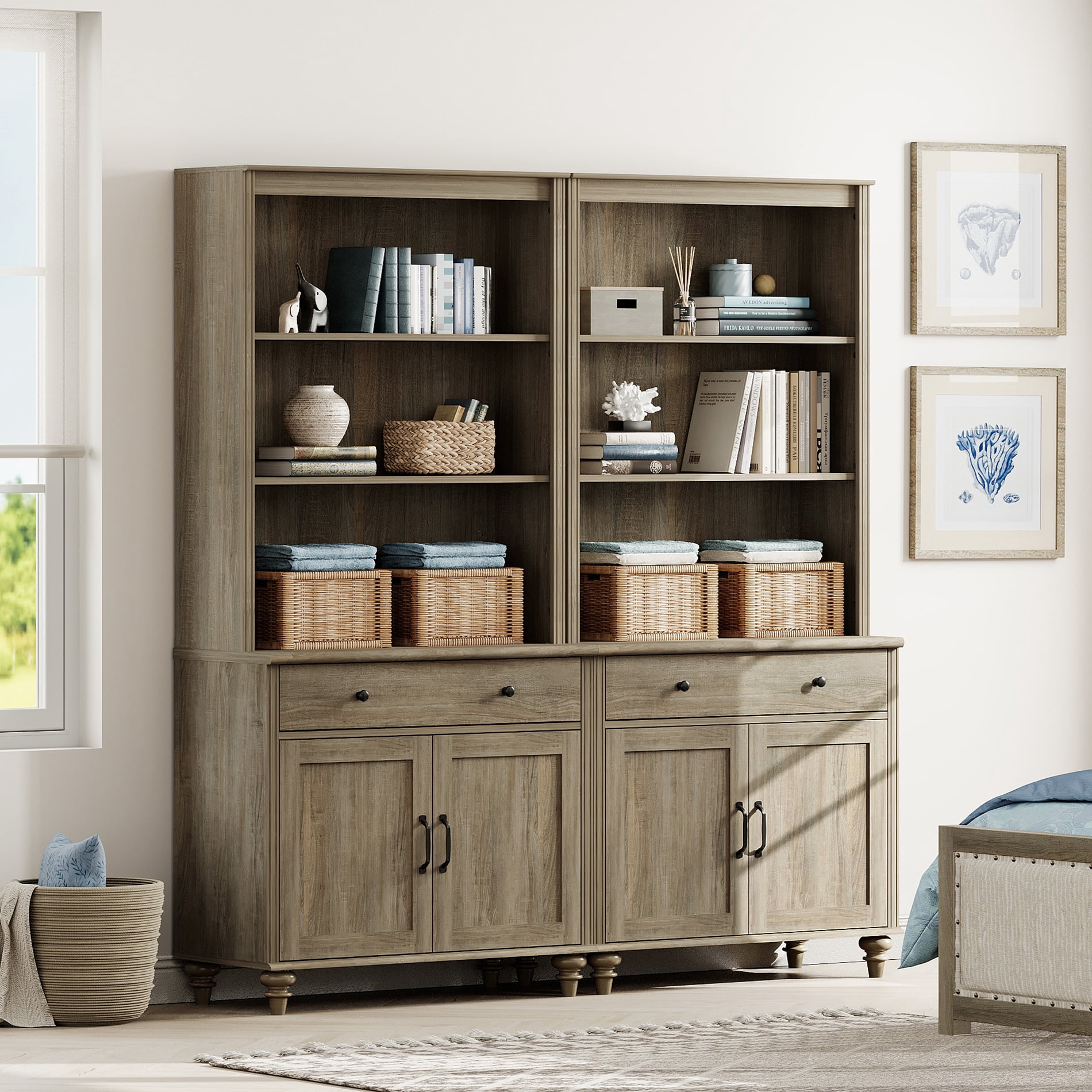 Farmhouse 5 Tier Bookcase With 2 Drawers and 4 Doors, Wash Gray, 67.7" W