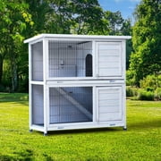 2-Story Rabbit Hutch Outdoor Indoor, Bunny Cage with Run, Non-Slip Ramp, 2 Removable No-Leak Plastic Trays, Waterproof Roof & Mesh Fence for Small Animals