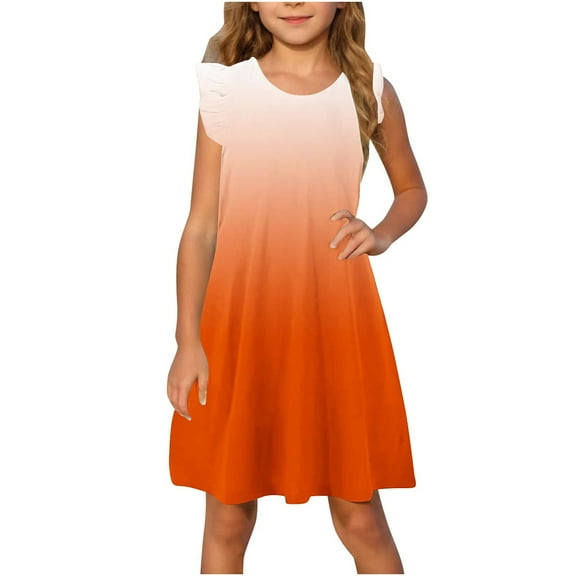 Girls Dresses Ruffle Sleeve Child Summer Casual T Shirt Dresses Flowy Dresses Gradient Printed A-Line Midi Tank Sundress Girls Oversized Sweater Dress Orange 7Y